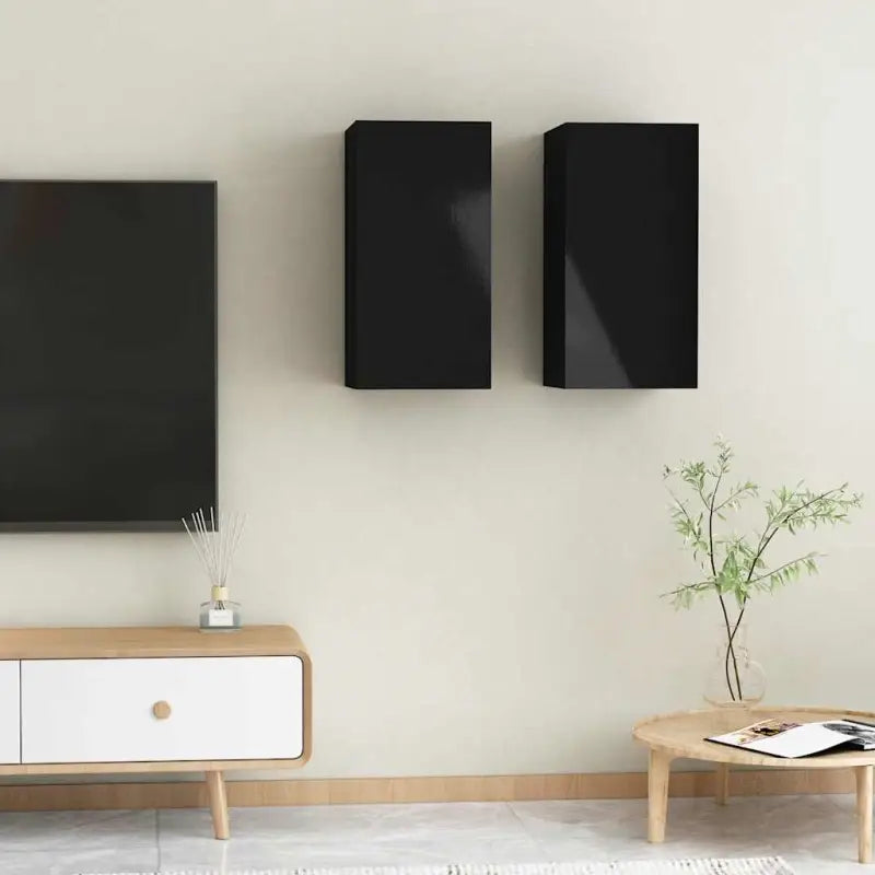 Hangende Tv-meubel van bewerkt hout voor een trendy woonkamer sfeer - Hoogglans zwart / 2 / 60 cm - Tv-meubels