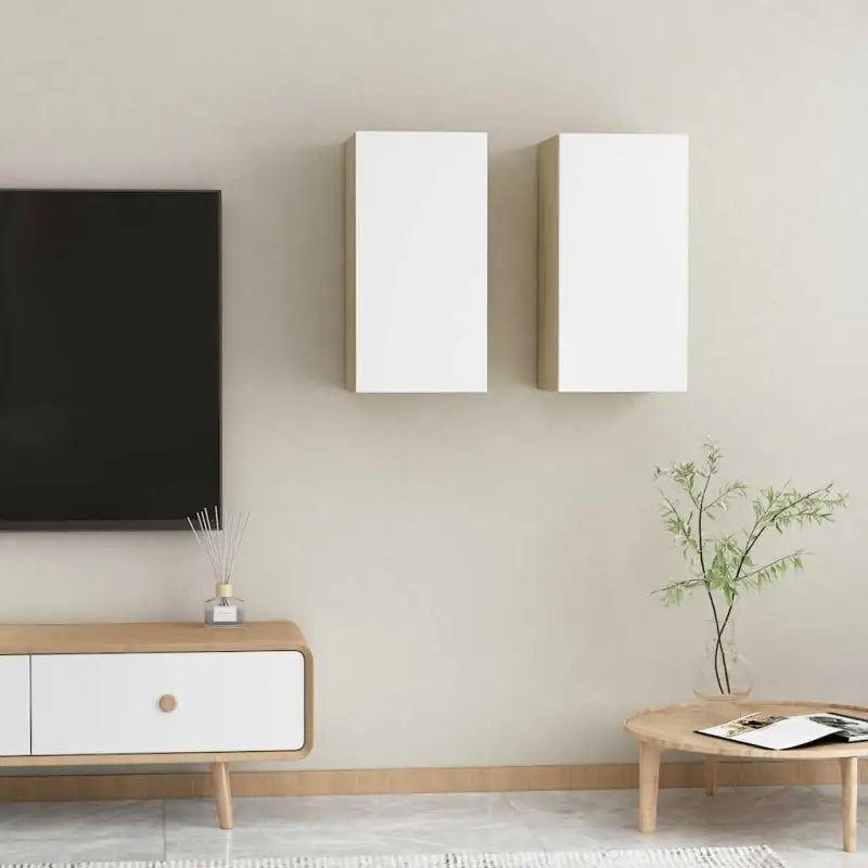 Hangende Tv-meubel van bewerkt hout voor een trendy woonkamer sfeer - Wit en sonoma eiken / 2 / 60 cm - Tv-meubels