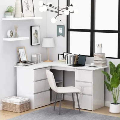 Corner desk in high-gloss white finished wood for study and work space