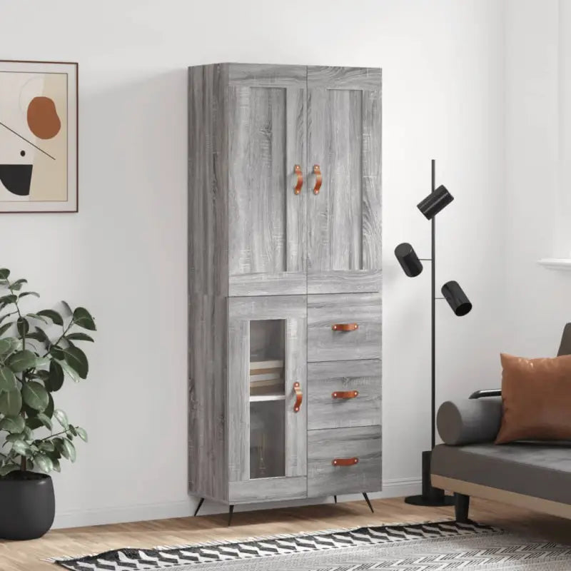 Hoge kast in grijs sonoma met ijzeren poten voor een trendy interieur - Grijs sonoma / 1 / 1 glazen deur 3 lades