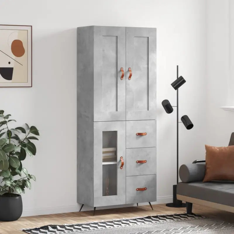 Hoge kast in grijs sonoma met ijzeren poten voor een trendy interieur - Betongrijs / 1 / 1 glazen deur 3 lades