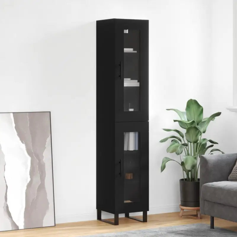 Hoge kast met ijzeren poten en bewerkt hout voor een trendy interieur - Zwart / 1 / 1 glazen deur - Dressoirs &