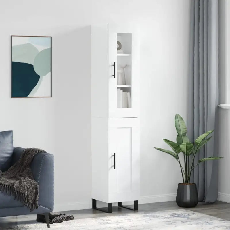 Hoge kast met ijzeren poten en bewerkt hout voor een trendy interieur - Hoogglans wit / 1 / 1 houten deur - Dressoirs &