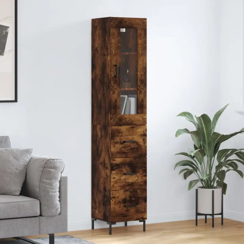 Hoge kast met ijzeren poten van bewerkt hout voor een trendy interieur - Gerookt eiken / 1 / 3 lades - Dressoirs &