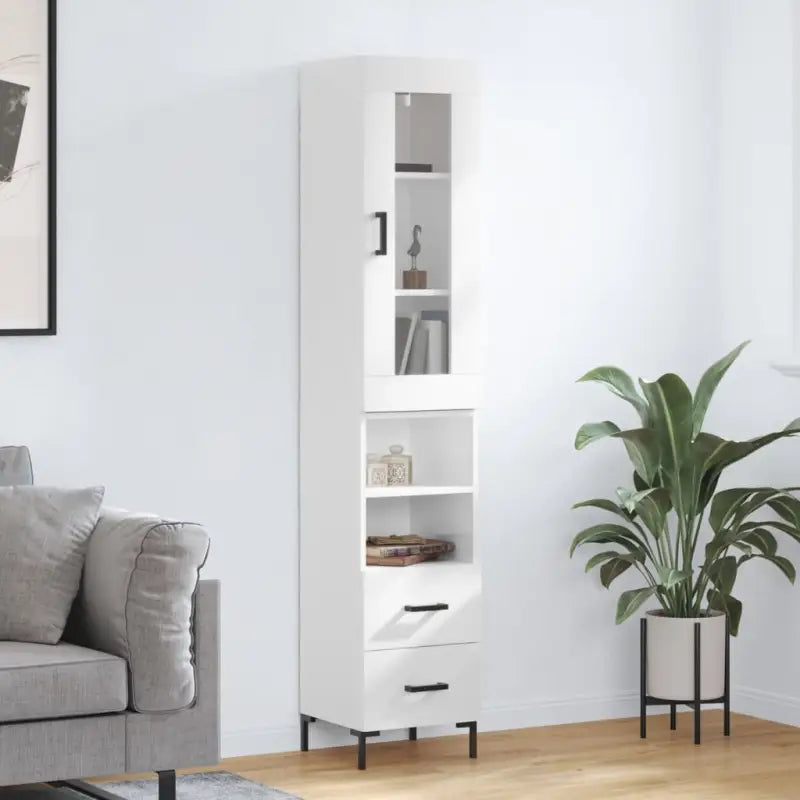 Hoge kast met ijzeren poten van bewerkt hout voor een trendy interieur - Hoogglans wit / 1 / 2 lades 2 schappen