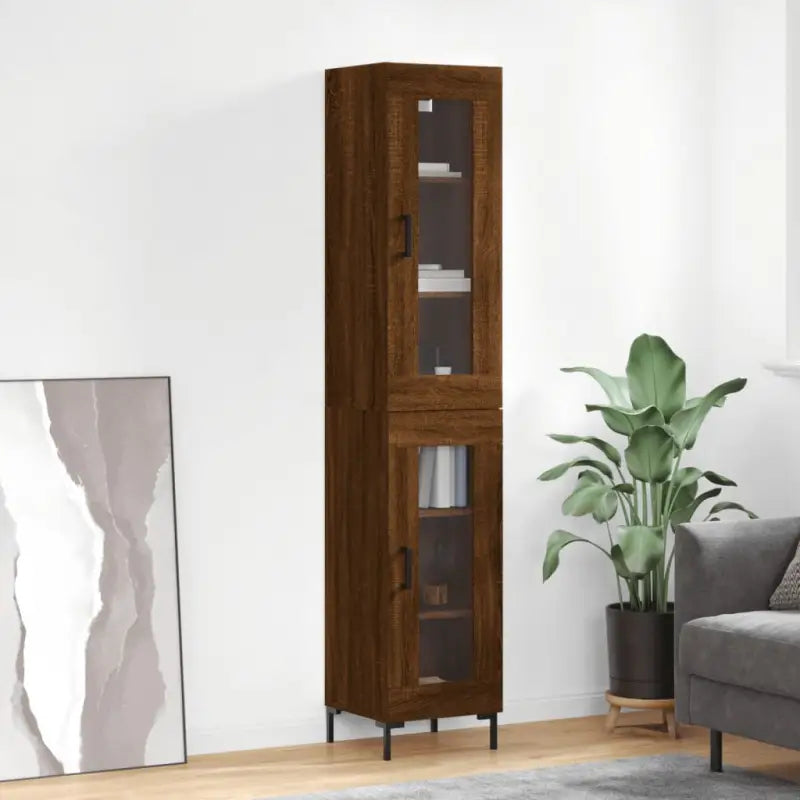 Hoge kast met ijzeren poten van bewerkt hout voor een trendy interieur - bruin eikenkleur / 1 / 1 glazen deur