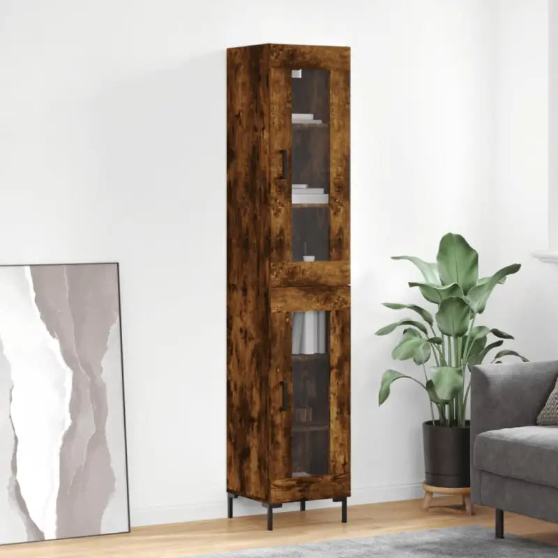 Hoge kast met ijzeren poten van bewerkt hout voor een trendy interieur - Gerookt eiken / 1 / 1 glazen deur - Dressoirs