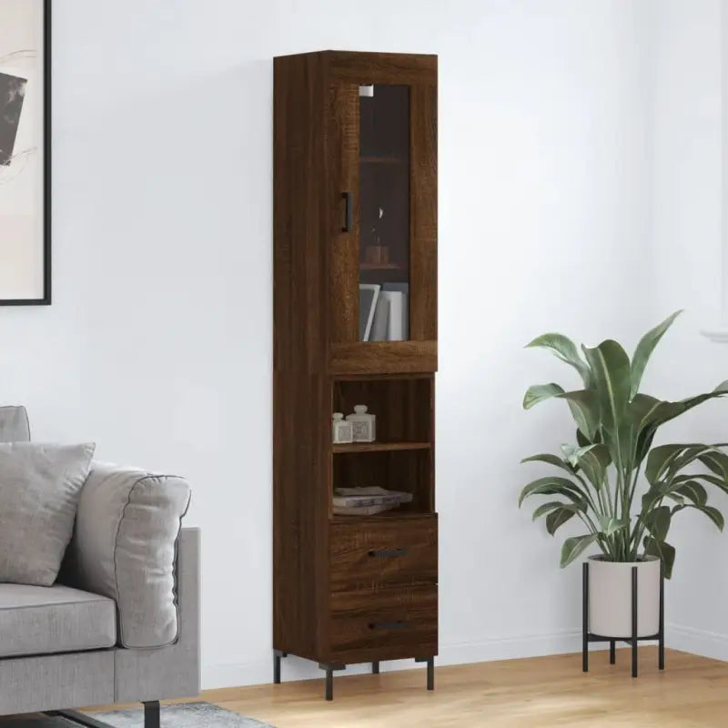 Hoge kast met ijzeren poten van bewerkt hout voor een trendy interieur - bruin eikenkleur / 1 / 2 lades 2 schappen