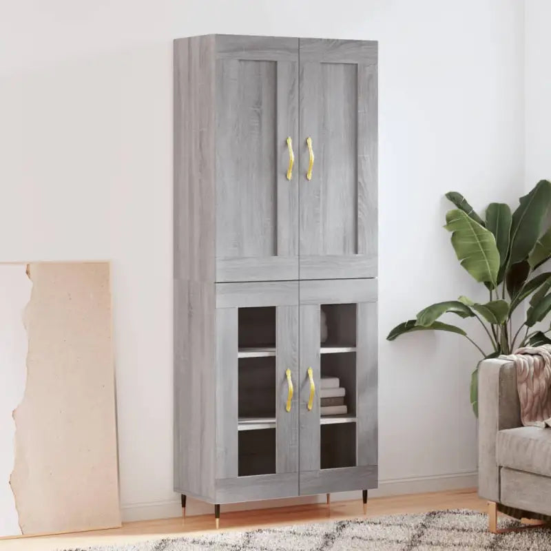 Hoge kast van bewerkt hout in grijs sonoma stijl - Grijs sonoma / 1 / 2 glazen deuren - Dressoirs & buffetkasten