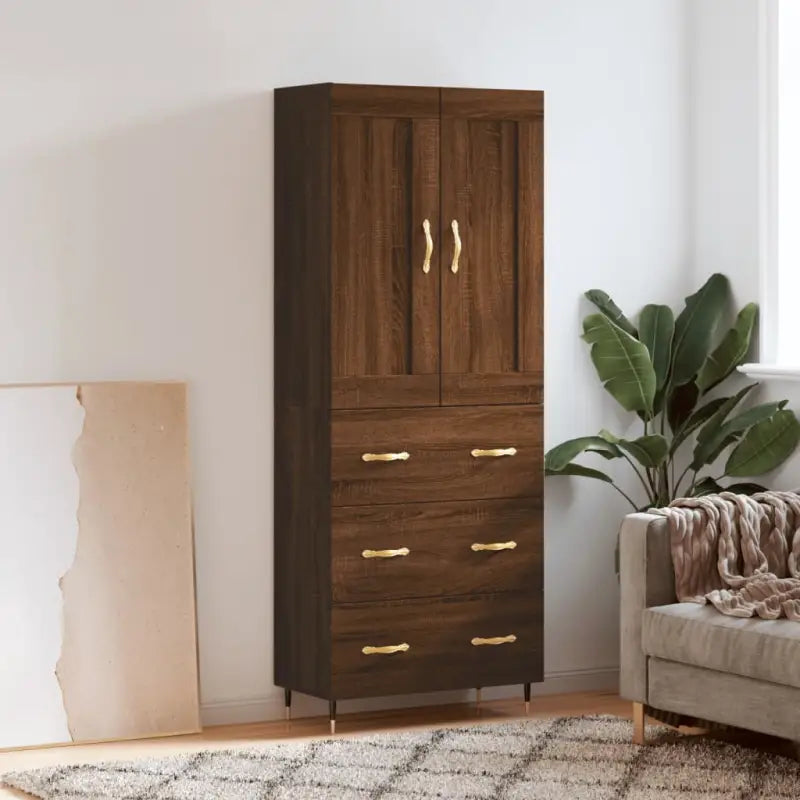 Hoge kast van bewerkt hout in grijs sonoma stijl - bruin eikenkleur / 1 / 3 lades - Dressoirs & buffetkasten