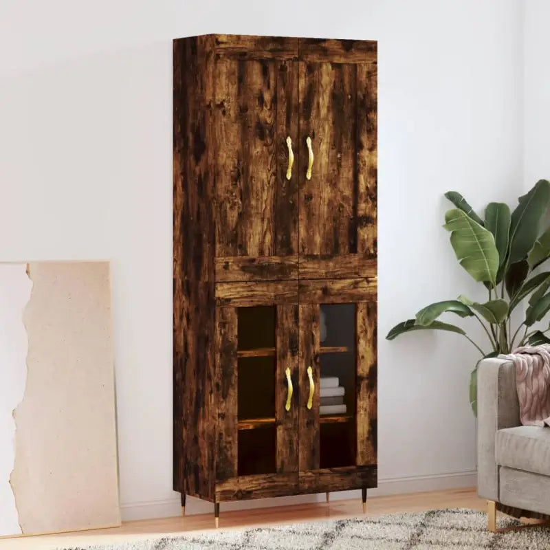 Hoge kast van bewerkt hout in grijs sonoma stijl - Gerookt eiken / 1 / 2 glazen deuren - Dressoirs & buffetkasten