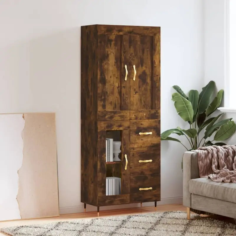 Hoge kast van bewerkt hout in grijs sonoma stijl - Gerookt eiken / 1 / 1 glazen deur 3 lades - Dressoirs & buffetkasten