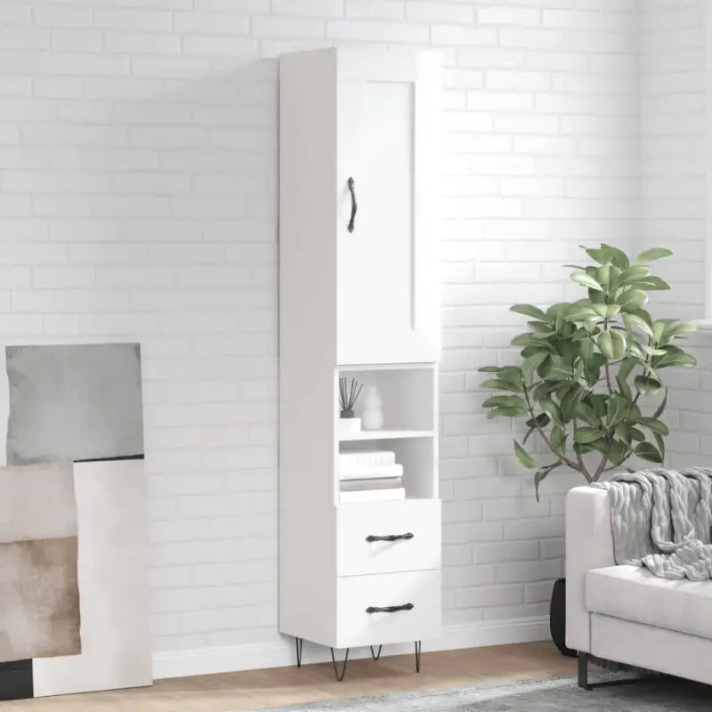 Hoge kast van bewerkt hout in hoogglans wit met charme - Hoogglans wit / 1 / 2 lades 2 schappen - Dressoirs &