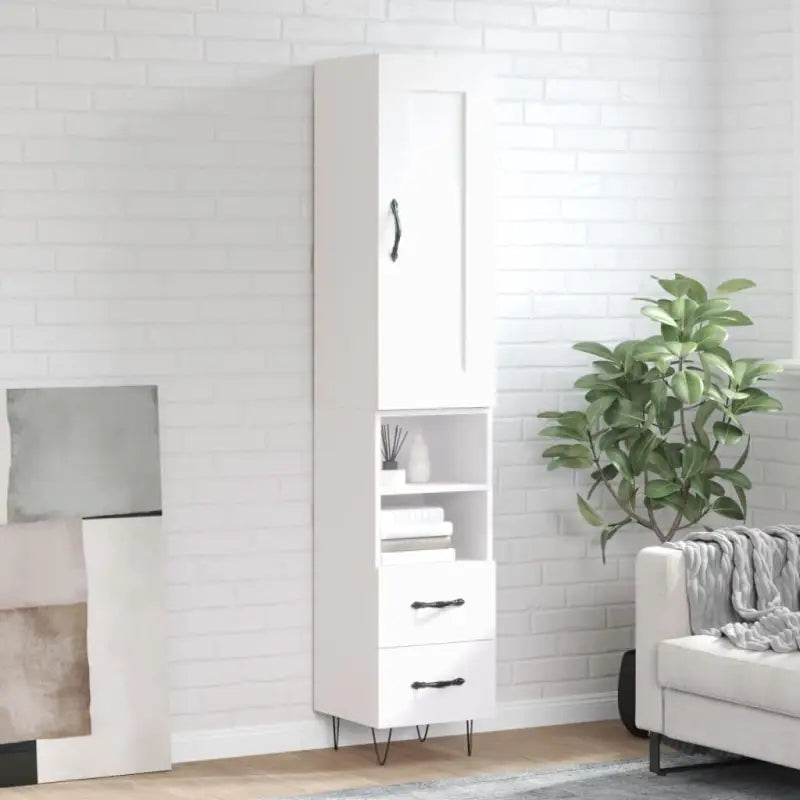 Hoge kast van bewerkt hout in hoogglans wit met charme - Wit / 1 / 2 lades 2 schappen - Dressoirs & buffetkasten