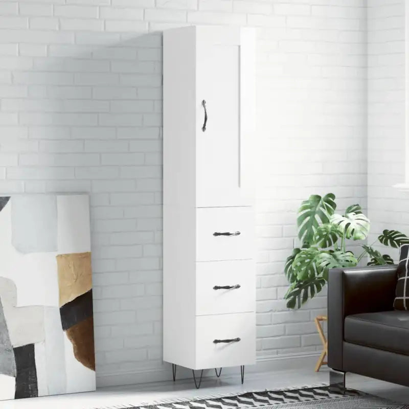 Hoge kast van bewerkt hout in hoogglans wit met charme - Hoogglans wit / 1 / 3 lades - Dressoirs & buffetkasten