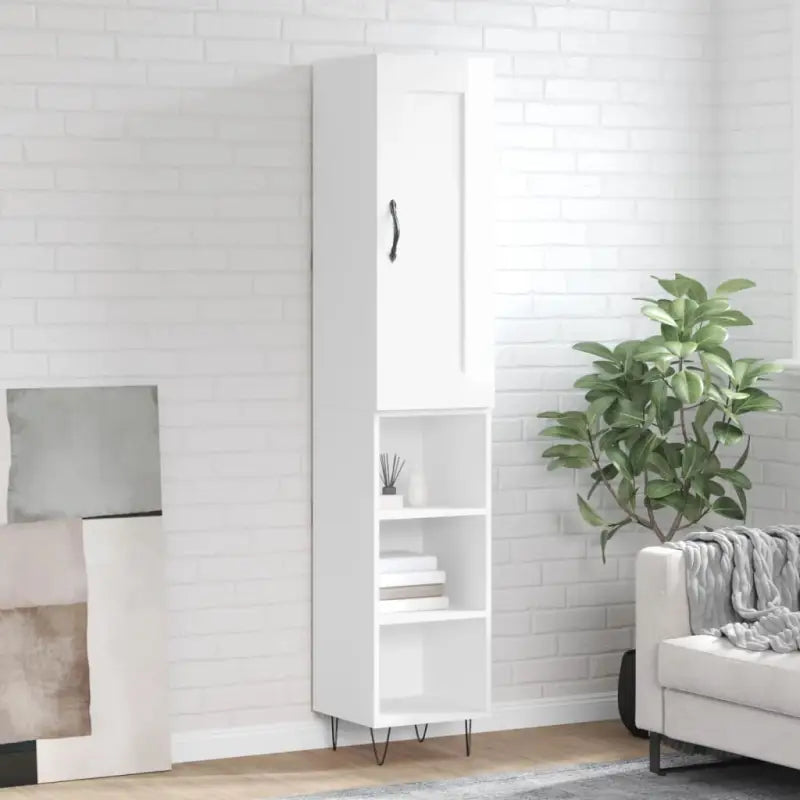Hoge kast van bewerkt hout in hoogglans wit met charme - Hoogglans wit / 1 / 3 schappen - Dressoirs & buffetkasten