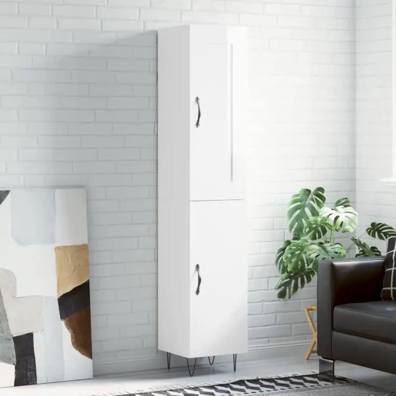 Hoge kast van bewerkt hout in hoogglans wit met charme - Hoogglans wit / 1 / 1 deur - Dressoirs & buffetkasten