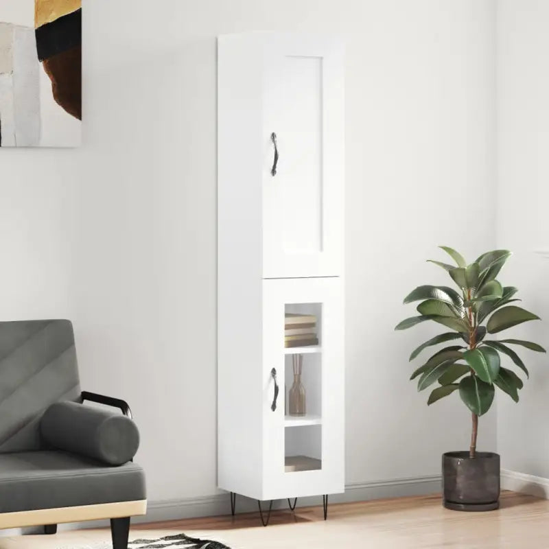 Hoge kast van bewerkt hout in hoogglans wit met charme - Wit / 1 / 1 glazen deur - Dressoirs & buffetkasten