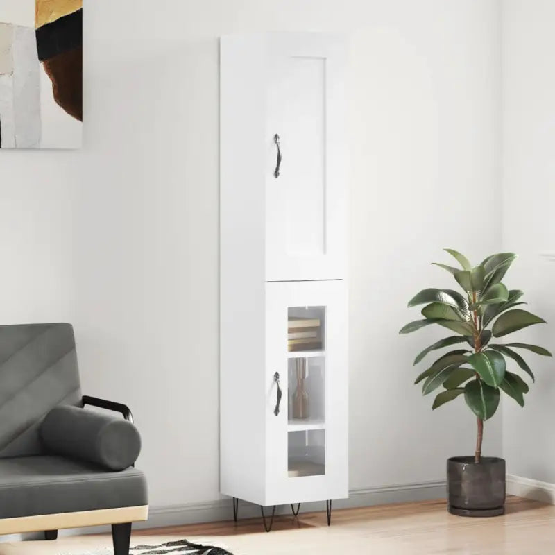 Hoge kast van bewerkt hout in hoogglans wit met charme - Hoogglans wit / 1 / 1 glazen deur - Dressoirs & buffetkasten