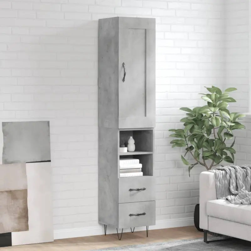 Hoge kast van bewerkt hout in hoogglans wit met charme - Betongrijs / 1 / 2 lades 2 schappen - Dressoirs & buffetkasten