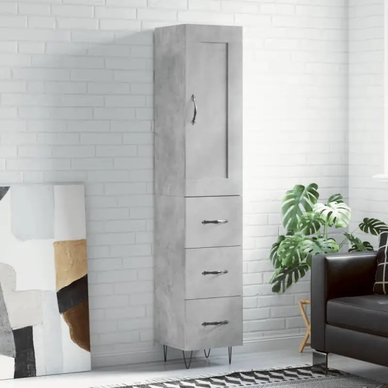 Hoge kast van bewerkt hout in hoogglans wit met charme - Betongrijs / 1 / 3 lades - Dressoirs & buffetkasten
