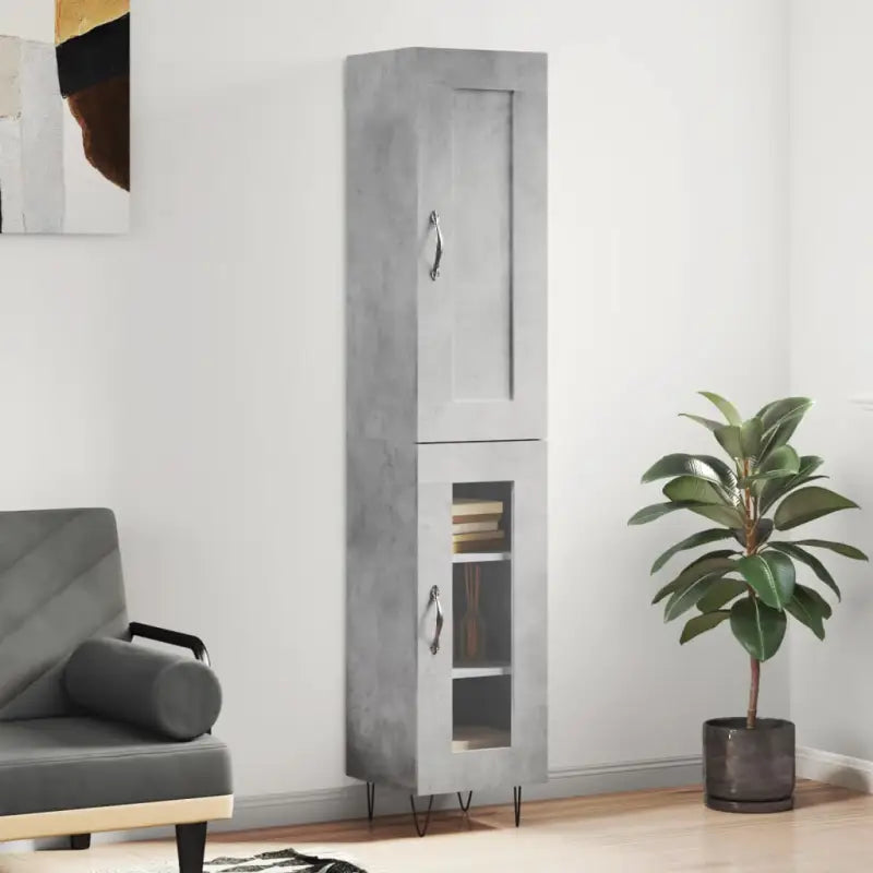 Hoge kast van bewerkt hout in hoogglans wit met charme - Betongrijs / 1 / 1 glazen deur - Dressoirs & buffetkasten