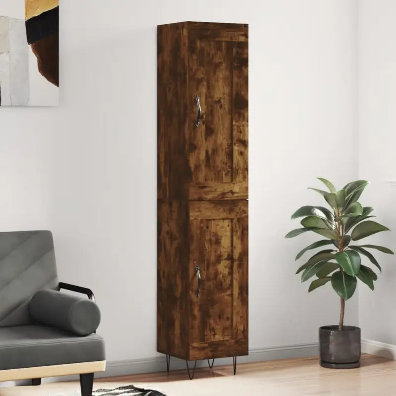 Hoge kast van bewerkt hout in hoogglans wit met charme - Gerookt eiken / 1 / 1 houten deur - Dressoirs & buffetkasten