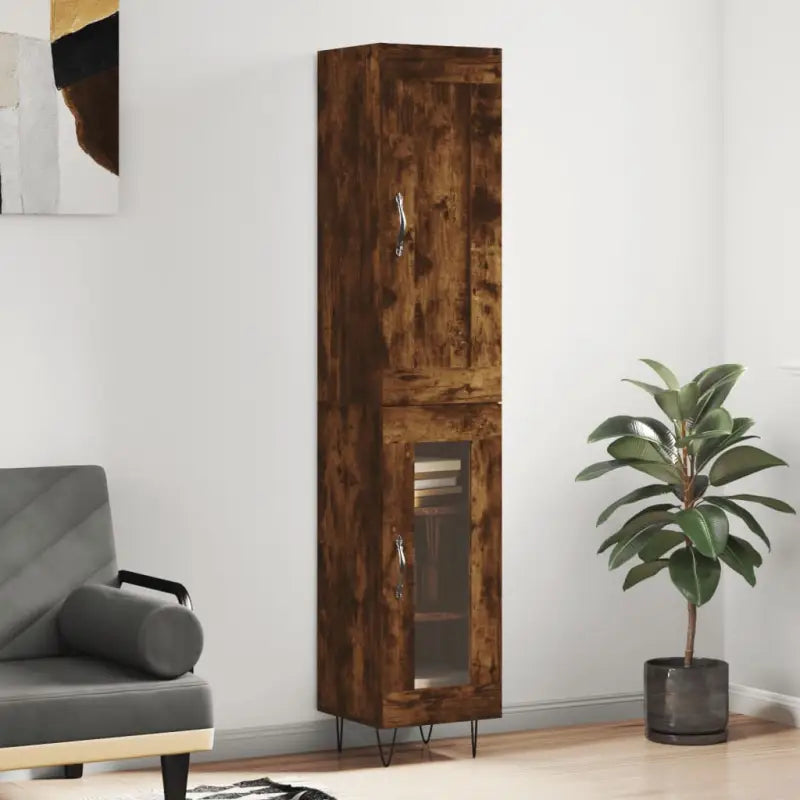 Hoge kast van bewerkt hout in hoogglans wit met charme - Gerookt eiken / 1 / 1 glazen deur - Dressoirs & buffetkasten
