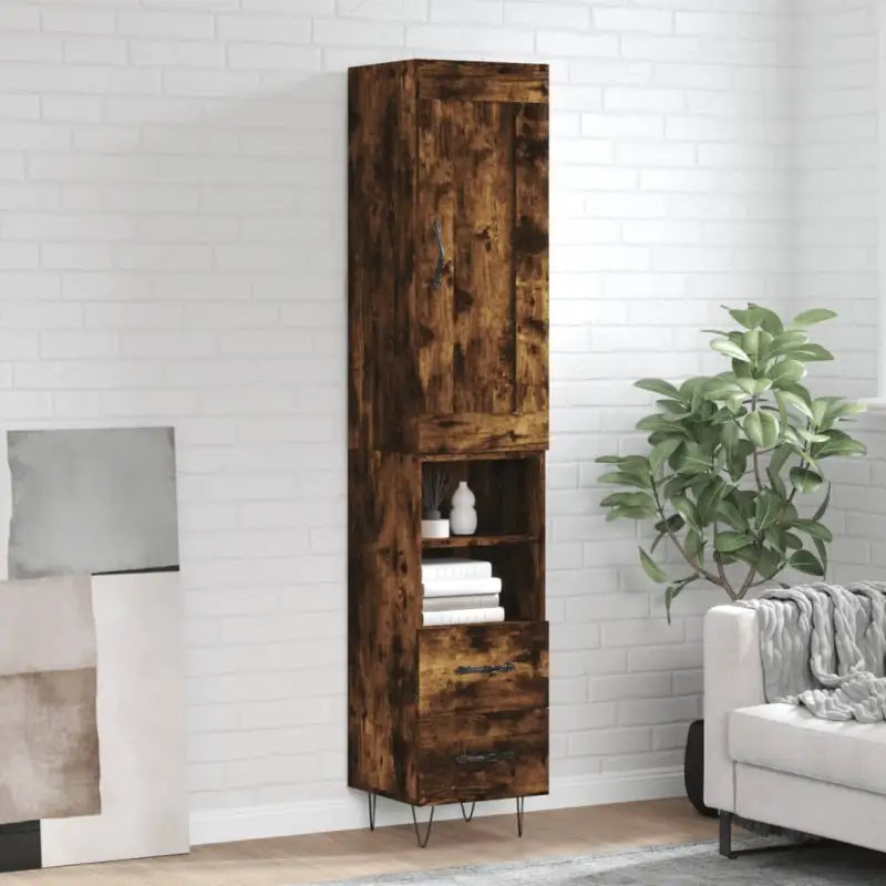 Hoge kast van bewerkt hout in hoogglans wit met charme - Gerookt eiken / 1 / 2 lades 2 schappen - Dressoirs &