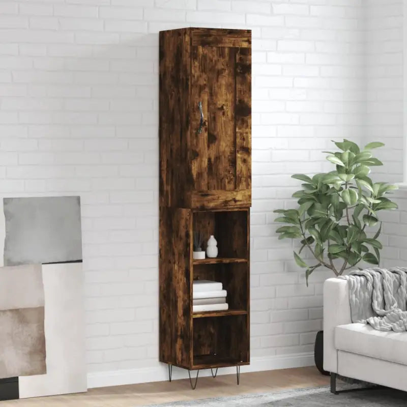 Hoge kast van bewerkt hout in hoogglans wit met charme - Gerookt eiken / 1 / 3 schappen - Dressoirs & buffetkasten