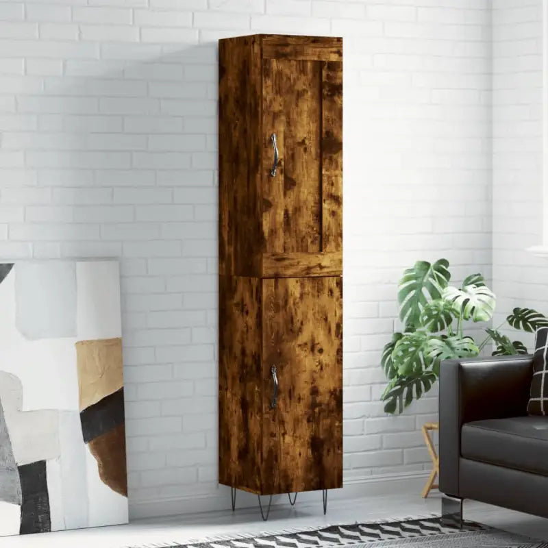 Hoge kast van bewerkt hout in hoogglans wit met charme - Gerookt eiken / 1 / 1 deur - Dressoirs & buffetkasten
