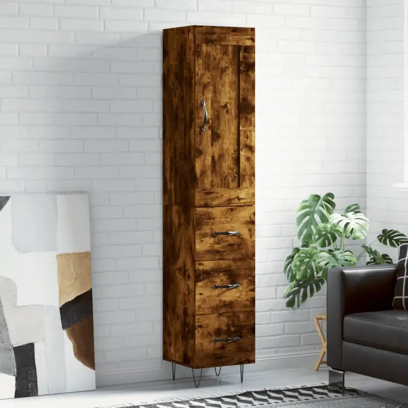 Hoge kast van bewerkt hout in hoogglans wit met charme - Gerookt eiken / 1 / 3 lades - Dressoirs & buffetkasten