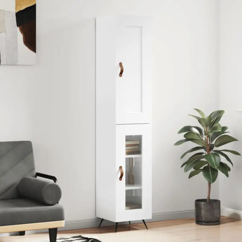 Hoge kast van bewerkt hout in hoogglans wit voor een trendy interieur - Hoogglans wit / 1 / 1 glazen deur - Dressoirs &