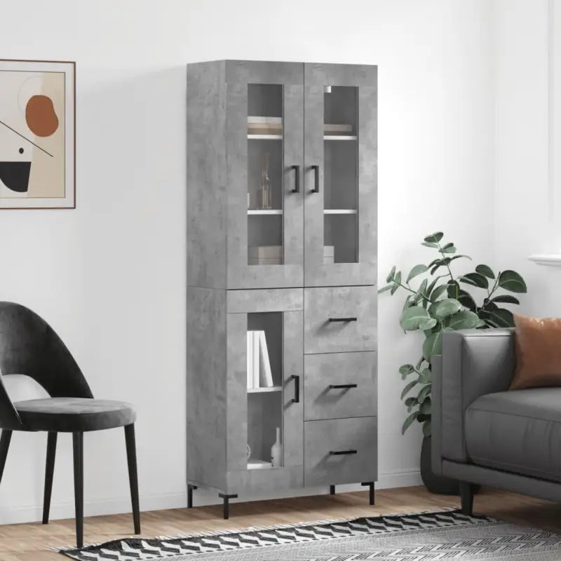 Hoge kast van bewerkt hout met charme en duurzame kwaliteit - Betongrijs / 1 / 1 glazen deur 3 lades - Dressoirs &