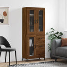 Hoge kast van bewerkt hout met charme en duurzame kwaliteit - bruin eikenkleur / 1 / 1 glazen deur 3 lades - Dressoirs
