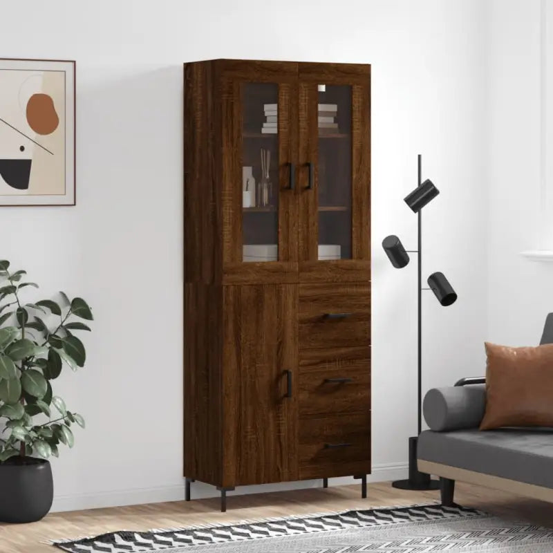 Hoge kast van bewerkt hout met charme en duurzame kwaliteit - bruin eikenkleur / 1 / 1 deur 3 lades - Dressoirs &