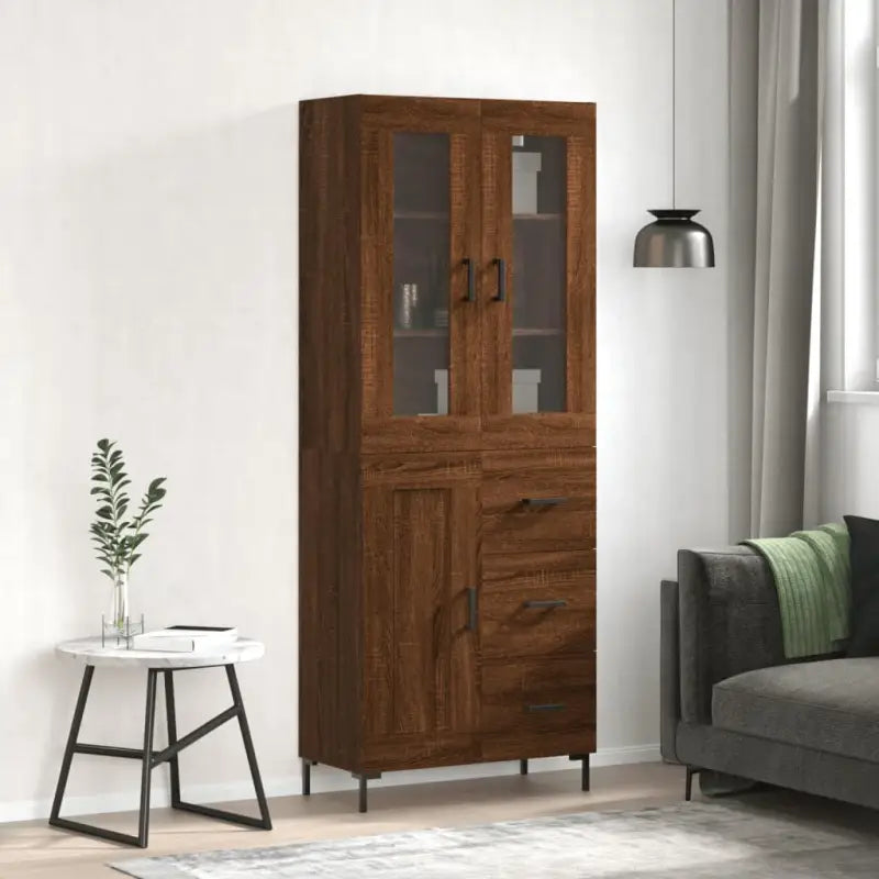 Hoge kast van bewerkt hout met charme en duurzame kwaliteit - bruin eikenkleur / 1 / 1 houten deur 3 lades - Dressoirs