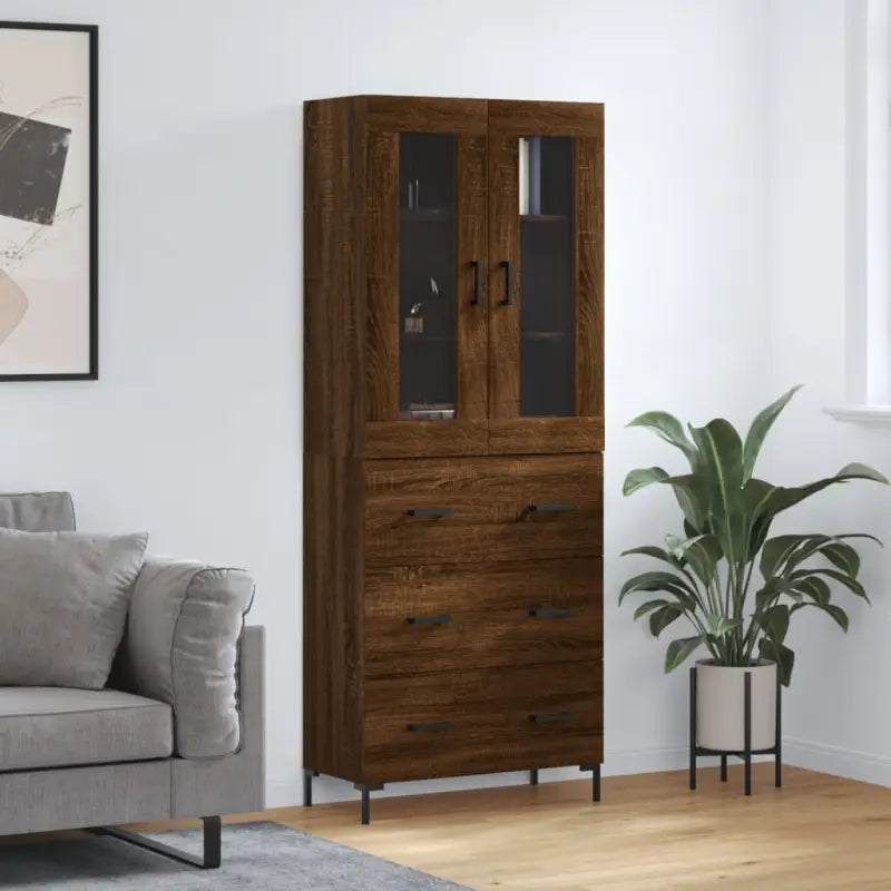 Hoge kast van bewerkt hout met charme en duurzame kwaliteit - bruin eikenkleur / 1 / 3 lades - Dressoirs & buffetkasten
