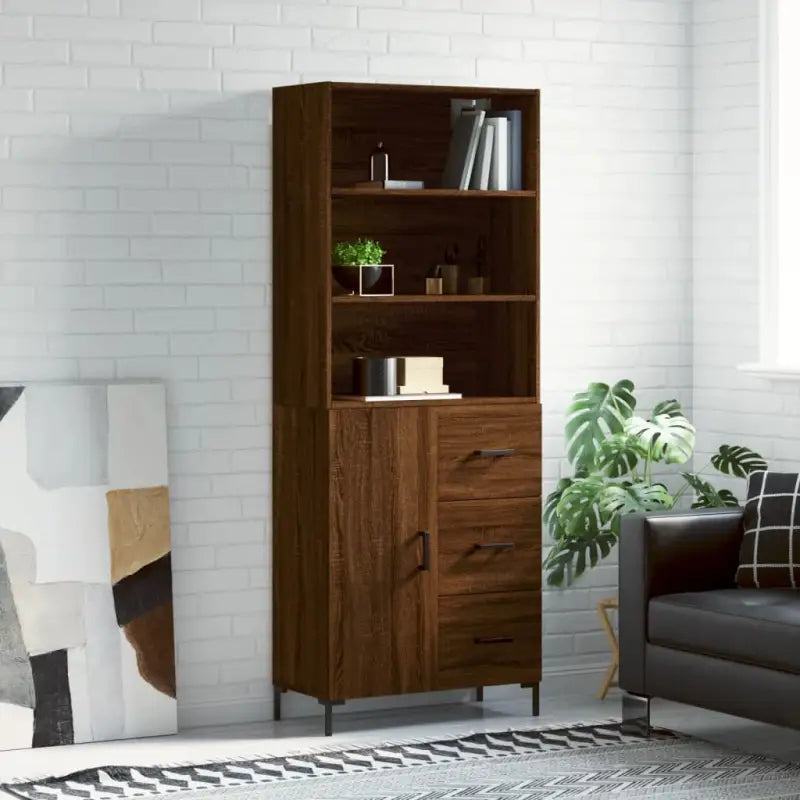 Hoge kast van bewerkt hout met duurzame charme en unieke stijl - bruin eikenkleur / 1 / 1 deur 3 lades - Dressoirs &