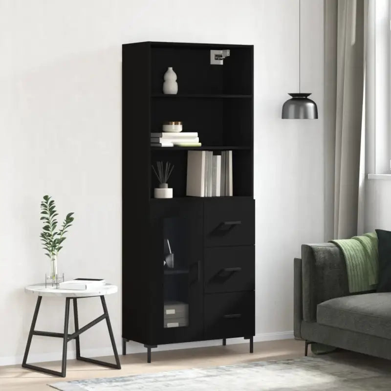 Hoge kast van bewerkt hout met duurzame charme en unieke stijl - Zwart / 1 / 1 glazen deur 3 lades - Dressoirs &