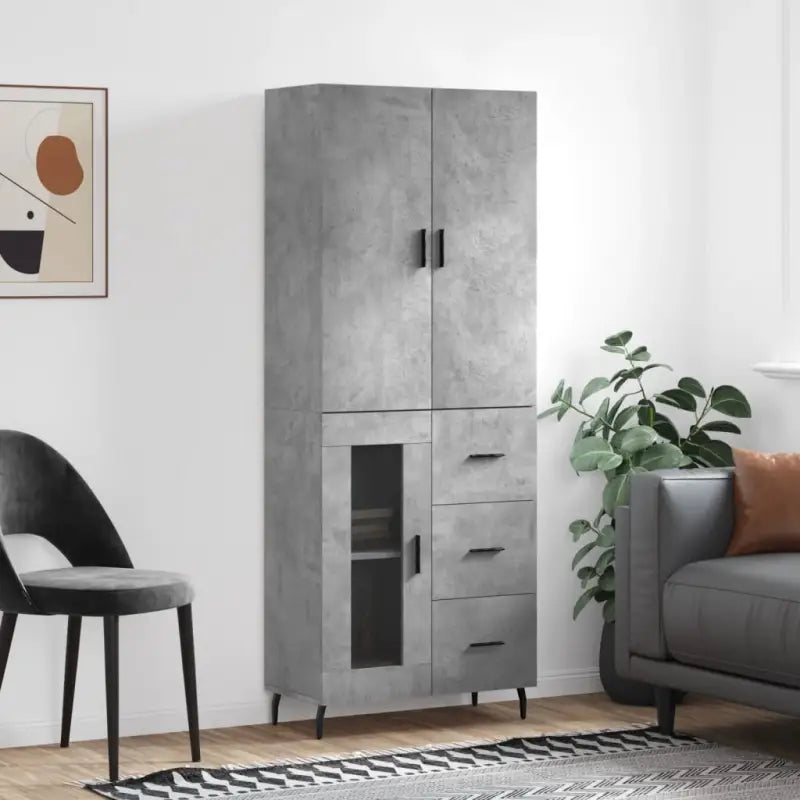 Hoge kast van bewerkt hout met duurzame charme en unieke uitstraling - Betongrijs / 1 / 1 glazen deur 3 lades