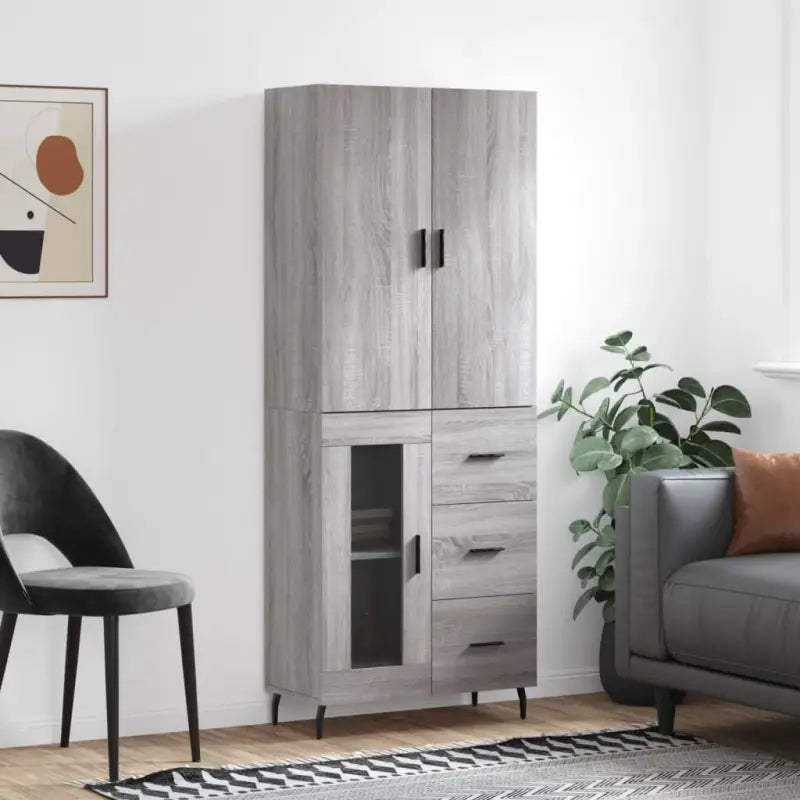 Hoge kast van bewerkt hout met duurzame charme en unieke uitstraling - Grijs sonoma / 1 / 1 glazen deur 3 lades
