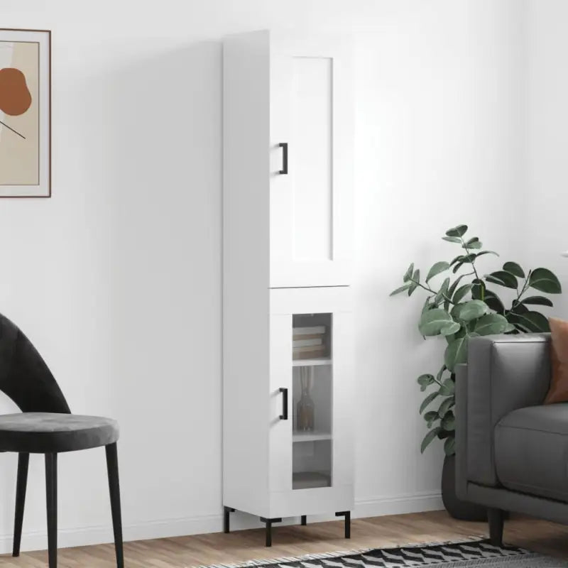 Hoge kast van bewerkt hout met duurzame charme - Hoogglans wit / 1 / 1 glazen deur - Dressoirs & buffetkasten