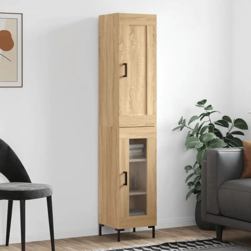 Hoge kast van bewerkt hout met duurzame charme - Sonoma eiken / 1 / 1 glazen deur - Dressoirs & buffetkasten