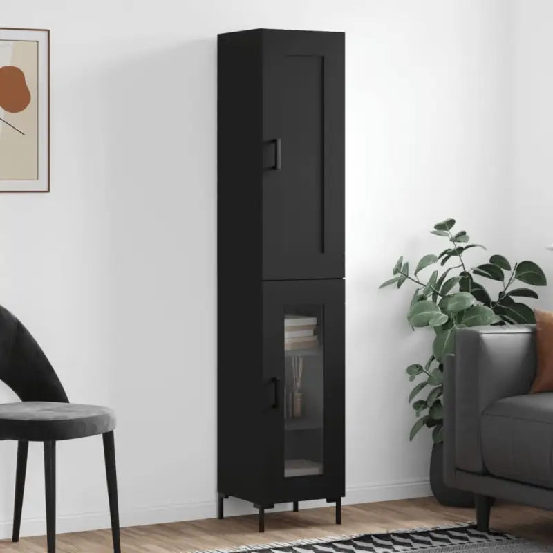 Hoge kast van bewerkt hout met duurzame charme - Zwart / 1 / 1 glazen deur - Dressoirs & buffetkasten