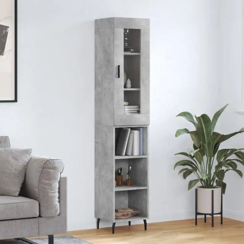 Hoge kast van bewerkt hout met duurzame en stabiele afwerking - Betongrijs / 1 / 3 schappen - Dressoirs & buffetkasten
