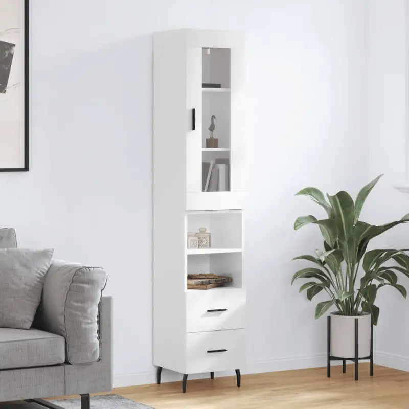 Hoge kast van bewerkt hout met duurzame en stabiele afwerking - Hoogglans wit / 1 / 2 lades 2 schappen - Dressoirs &