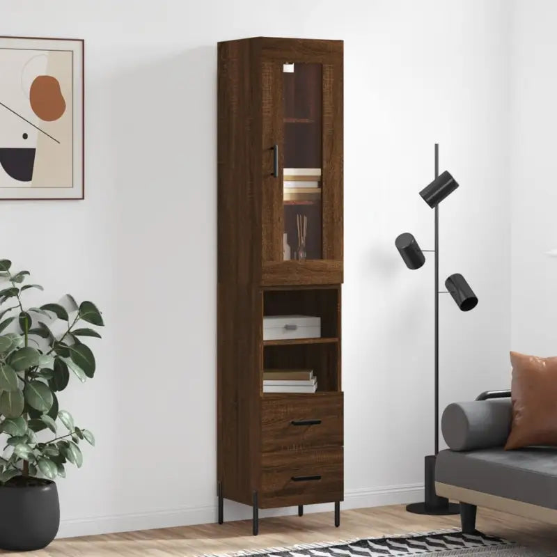 Hoge kast van bewerkt hout met duurzame en stabiele afwerking - bruin eikenkleur / 1 / 2 lades 2 schappen - Dressoirs &