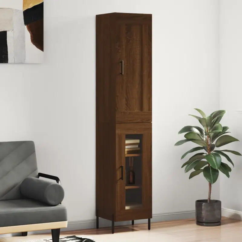 Hoge kast van bewerkt hout met duurzame en stabiele afwerking - bruin eikenkleur / 1 / 1 glazen deur - Dressoirs &