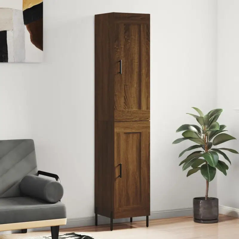 Hoge kast van bewerkt hout met duurzame en stabiele afwerking - bruin eikenkleur / 1 / 1 houten deur - Dressoirs &